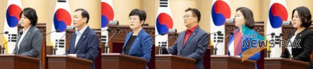 안산시의회가 14일 제284회 임시회 제2차 본회의를 열고 시정질문과 5분 자유발언을 실시했다. 사진 왼쪽부터 이날 시정질문과 5분 발언을 진행한 김진숙 박태순 박은경 이대구 박은정 황은화 의원의 모습.