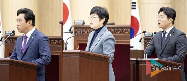 안산시의회가 14일 제286회 제2차 정례회 제2차 본회의를 열어 시정질문 및 5분 자유발언을 실시했다. 사진 왼쪽부터 차례대로 시정질문에 나선 한갑수 박은경 의원과 5분 자유발언을 진행한 최진호 의원의 모습.