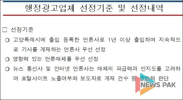 <고양시 언론홍보담당관 행정광고업체 선정기준 및 단가표>
