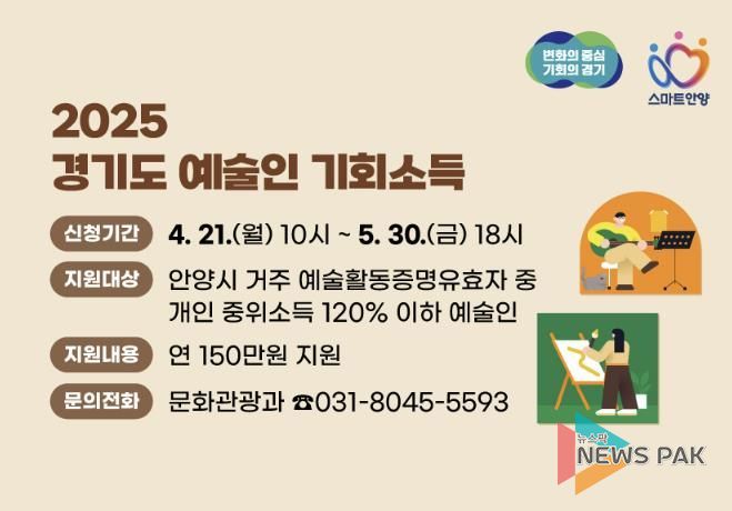 안양시, 다음달 30일까지 ‘경기도 예술인 기회소득’ 접수