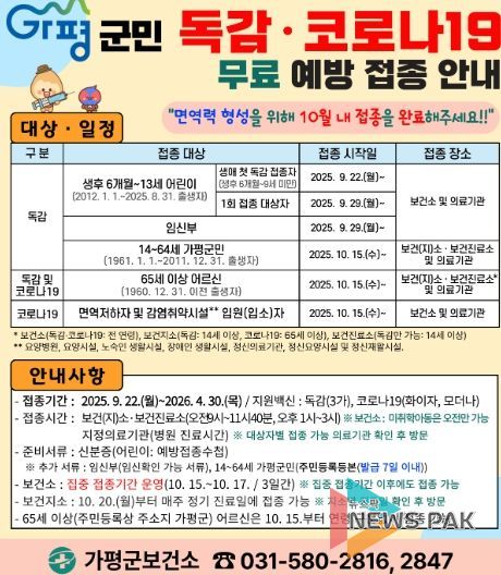 가평군, “독감‧코로나19 무료 예방접종 받으세요”