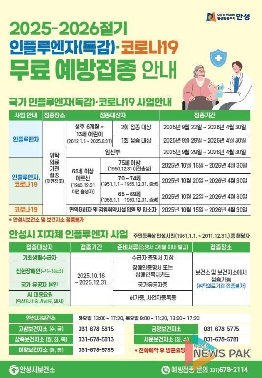 안성시보건소, 인플루엔자·코로나19 무료 예방접종 실시