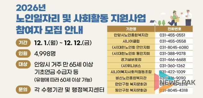 안양시, 2026 노인일자리 참여자 ‘4,998명’ 모집…12일까지 신청