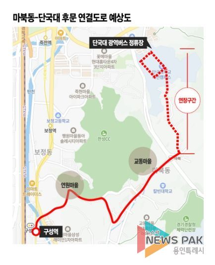 마북동~단국대 후문 연결도로 공사 완료시 502번 단국대 내부 연장 운행 예상 노선도