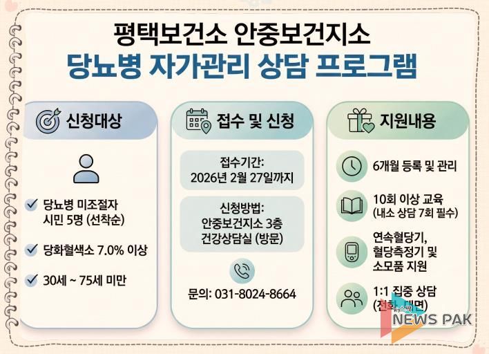 평택시 안중보건지소, ‘당뇨병 자가관리 상담’ 프로그램 대상자 모집